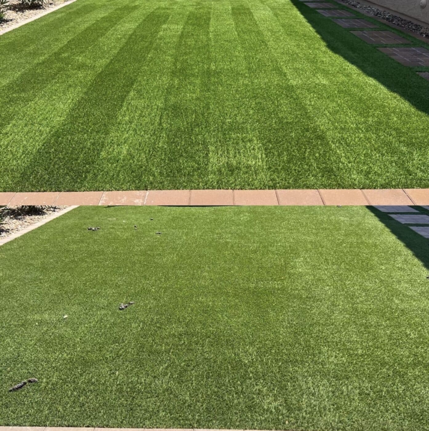 Artificial turf before and after turf cleaning